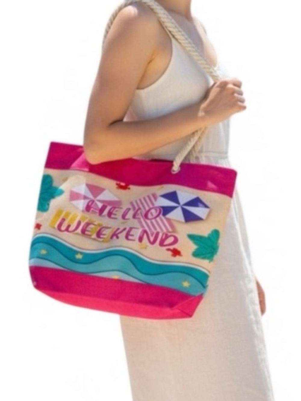 NWT Cindy Claire Beach Bag Tote "Hello Weekend” Rope Handle Zipper Closure